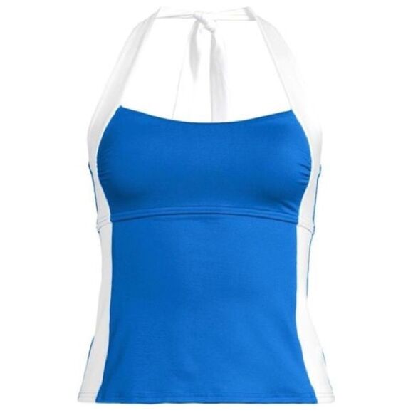 Land's End Seamed v-neck halter tankini top two ties white bright cobalt blue 14 - Picture 1 of 7